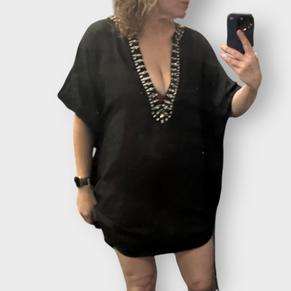 Victoria’s Secret Swim Cover Up Kaftan Beach Dress Black Embellished M/L